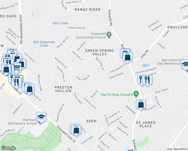 map of restaurants, bars, coffee shops, grocery stores, and more near 14902 Elm Park Street in San Antonio