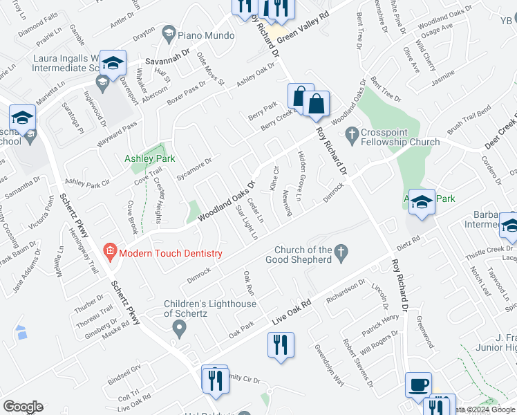 map of restaurants, bars, coffee shops, grocery stores, and more near 2520 Cedar Lane in Schertz