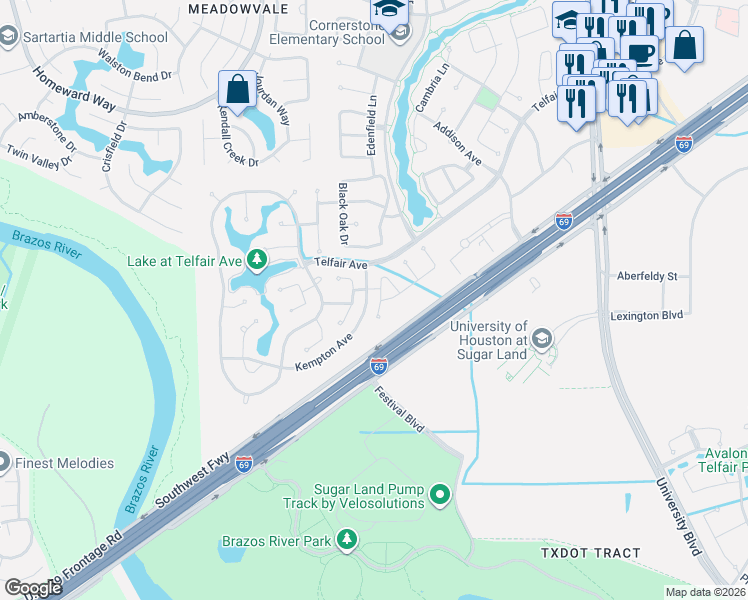 map of restaurants, bars, coffee shops, grocery stores, and more near 2402 Nashmor Drive in Sugar Land
