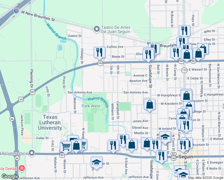 map of restaurants, bars, coffee shops, grocery stores, and more near 806 San Antonio Avenue in Seguin