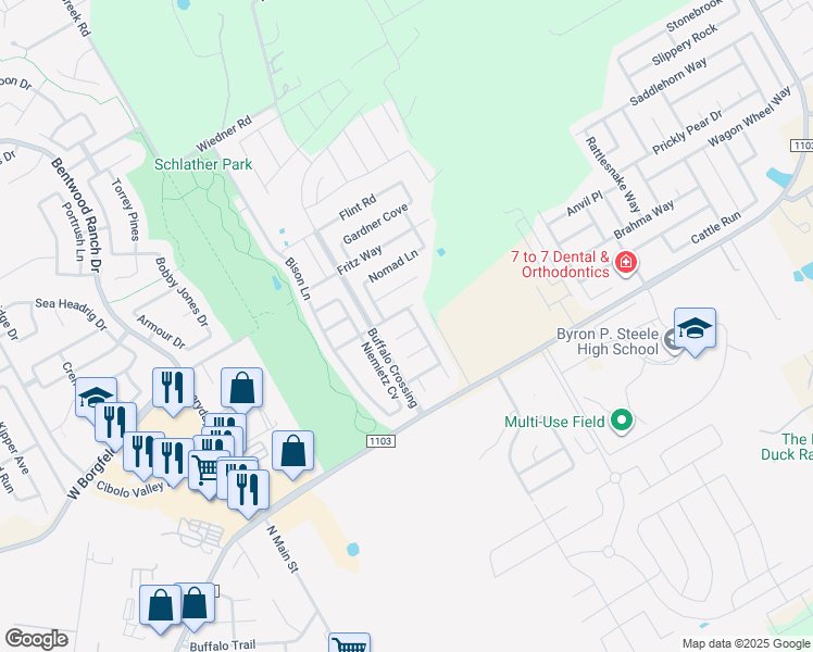 map of restaurants, bars, coffee shops, grocery stores, and more near 224 Frontier Cove in Cibolo