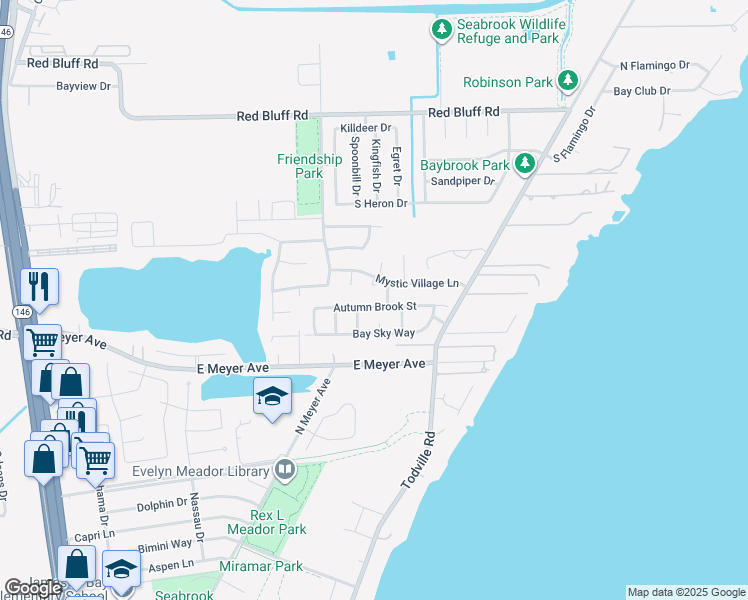 map of restaurants, bars, coffee shops, grocery stores, and more near 1013 Autumn Brook Street in Seabrook