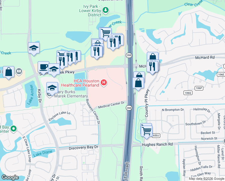 map of restaurants, bars, coffee shops, grocery stores, and more near 10970 Shadow Creek Parkway in Pearland