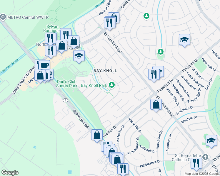 map of restaurants, bars, coffee shops, grocery stores, and more near 14802 Redwood Bend Trail in Houston