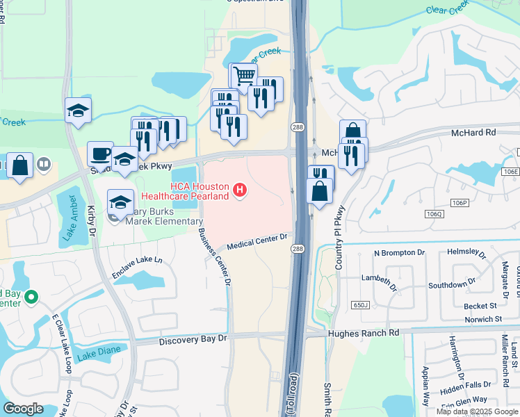 map of restaurants, bars, coffee shops, grocery stores, and more near 10970 Shadow Creek Parkway in Pearland