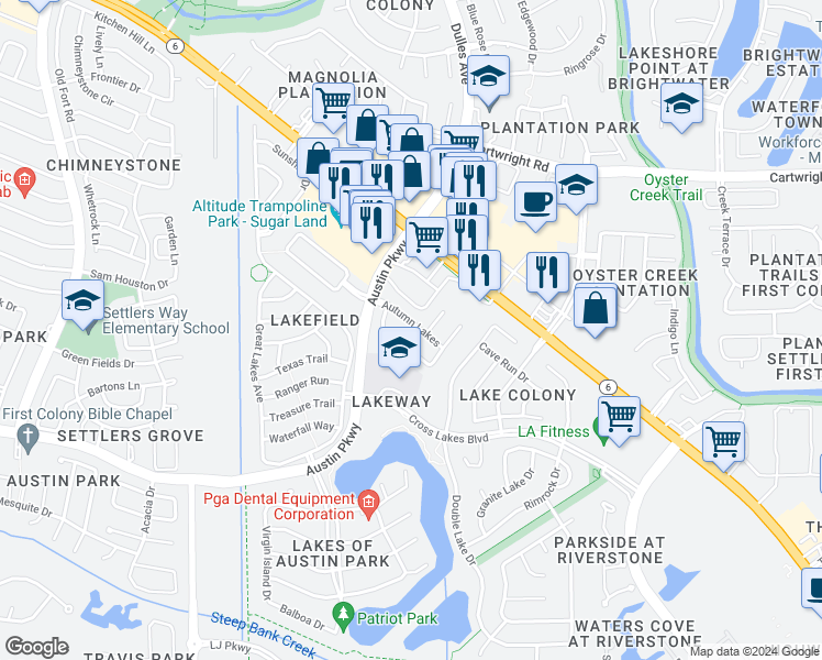 map of restaurants, bars, coffee shops, grocery stores, and more near 4734 Autumn Lakes in Missouri City