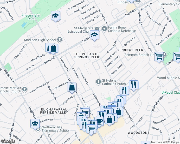 map of restaurants, bars, coffee shops, grocery stores, and more near 15315 Spring Rock in San Antonio