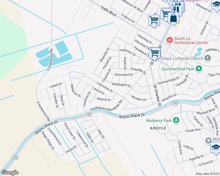 map of restaurants, bars, coffee shops, grocery stores, and more near 207-299 Lancaster Dr in Houma