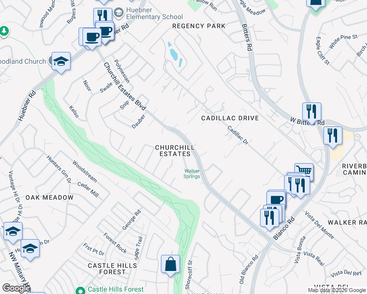 map of restaurants, bars, coffee shops, grocery stores, and more near 14711 Bold Venture in San Antonio