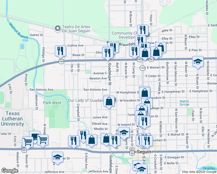 map of restaurants, bars, coffee shops, grocery stores, and more near in Seguin
