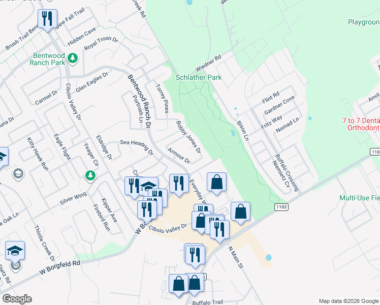 map of restaurants, bars, coffee shops, grocery stores, and more near 914 Armour Drive in Cibolo