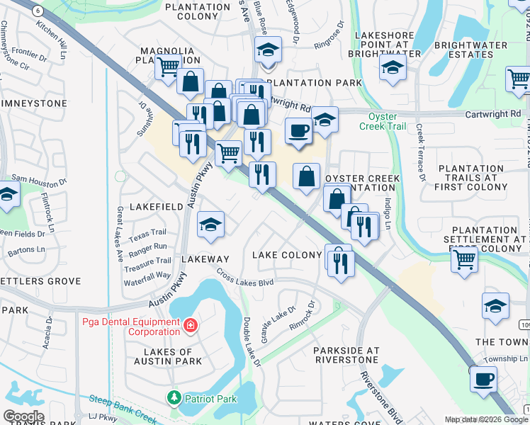 map of restaurants, bars, coffee shops, grocery stores, and more near 2710 Double Lake Drive in Missouri City