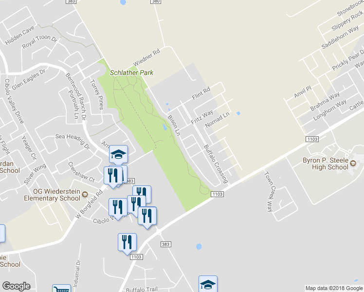 map of restaurants, bars, coffee shops, grocery stores, and more near 208 Bison Lane in Cibolo