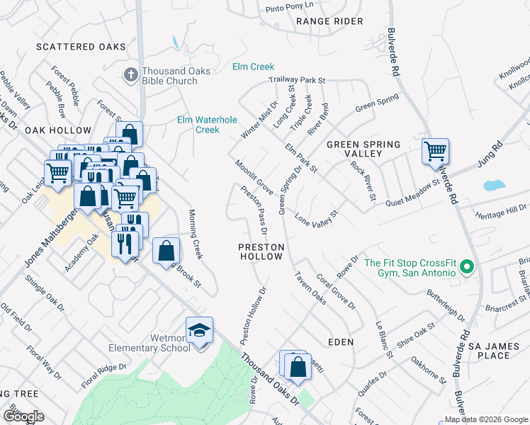 map of restaurants, bars, coffee shops, grocery stores, and more near 15325 Preston Pass Drive in San Antonio
