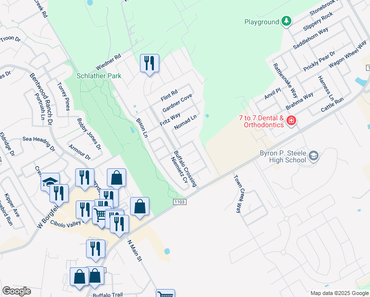 map of restaurants, bars, coffee shops, grocery stores, and more near 213 Lieck Cove in Cibolo