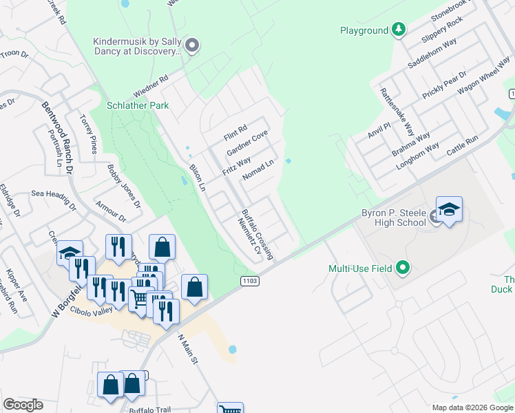 map of restaurants, bars, coffee shops, grocery stores, and more near 224 Frontier Cove in Cibolo
