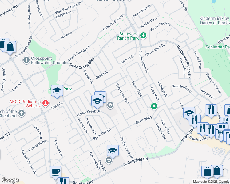 map of restaurants, bars, coffee shops, grocery stores, and more near 113 Phantom Creek in Cibolo