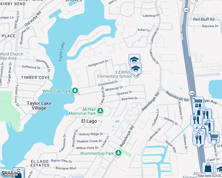 map of restaurants, bars, coffee shops, grocery stores, and more near Whitecap Drive in El Lago