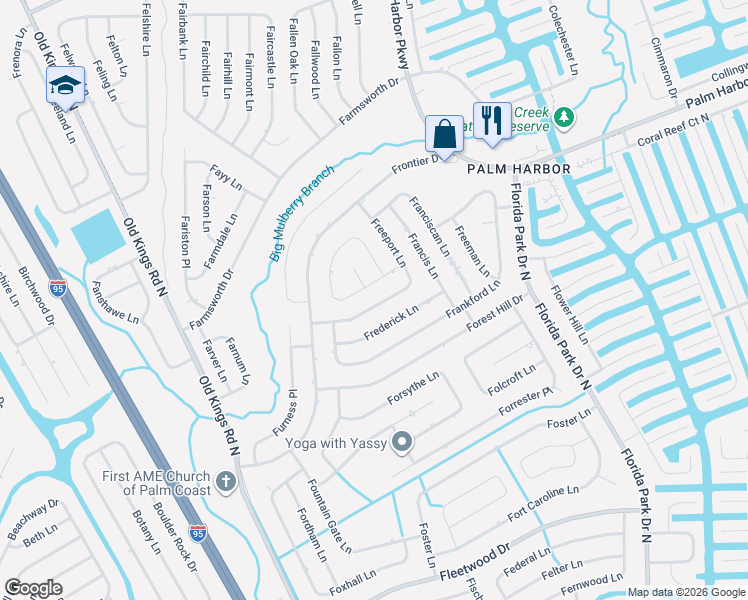 map of restaurants, bars, coffee shops, grocery stores, and more near 73 Freeport Lane in Palm Coast