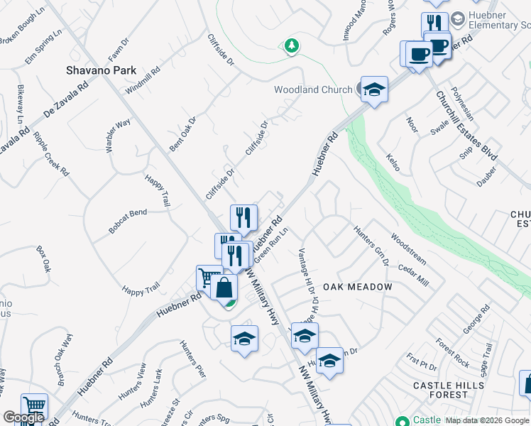 map of restaurants, bars, coffee shops, grocery stores, and more near 14811 Huebner Road in San Antonio