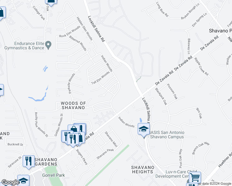 map of restaurants, bars, coffee shops, grocery stores, and more near 14306 Indian Woods in San Antonio