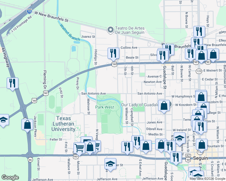 map of restaurants, bars, coffee shops, grocery stores, and more near 914 San Antonio Avenue in Seguin