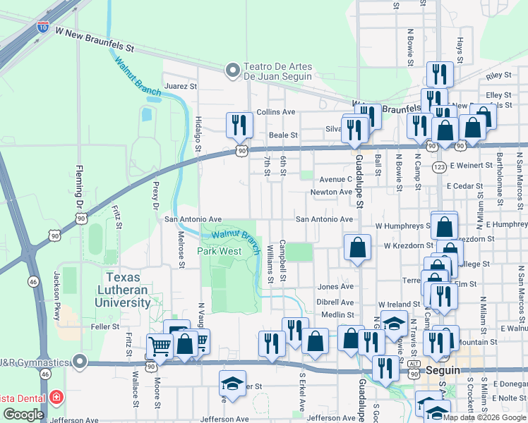 map of restaurants, bars, coffee shops, grocery stores, and more near 806 San Antonio Avenue in Seguin
