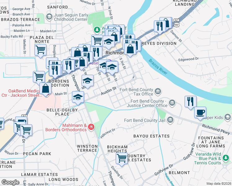 map of restaurants, bars, coffee shops, grocery stores, and more near 604 Travis Street in Richmond