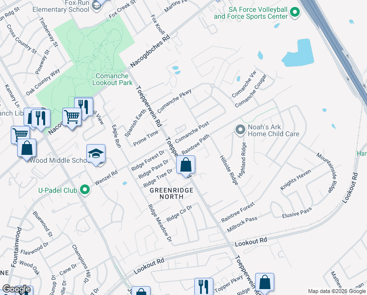 map of restaurants, bars, coffee shops, grocery stores, and more near 6703 Raintree Path in San Antonio