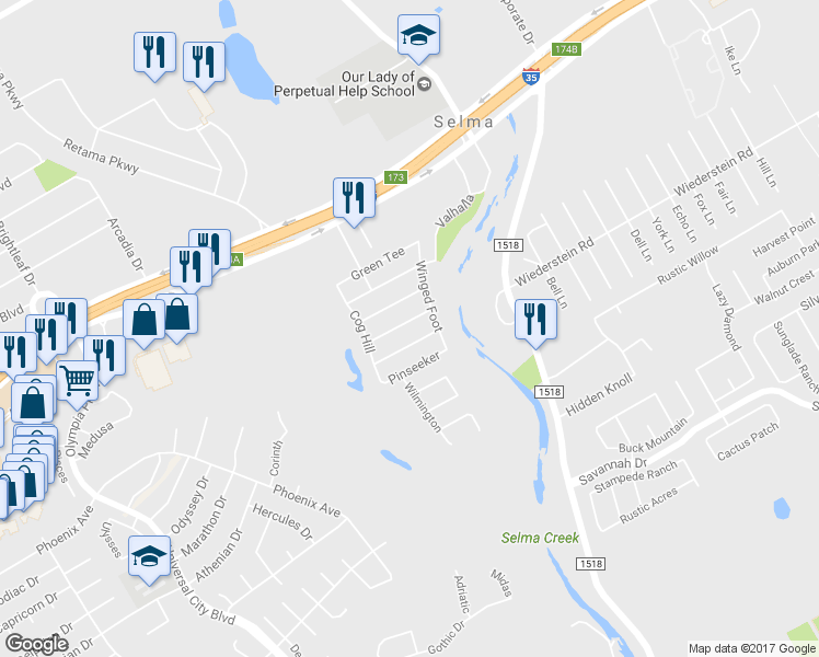 map of restaurants, bars, coffee shops, grocery stores, and more near 9010 Quaker Ridge in Selma
