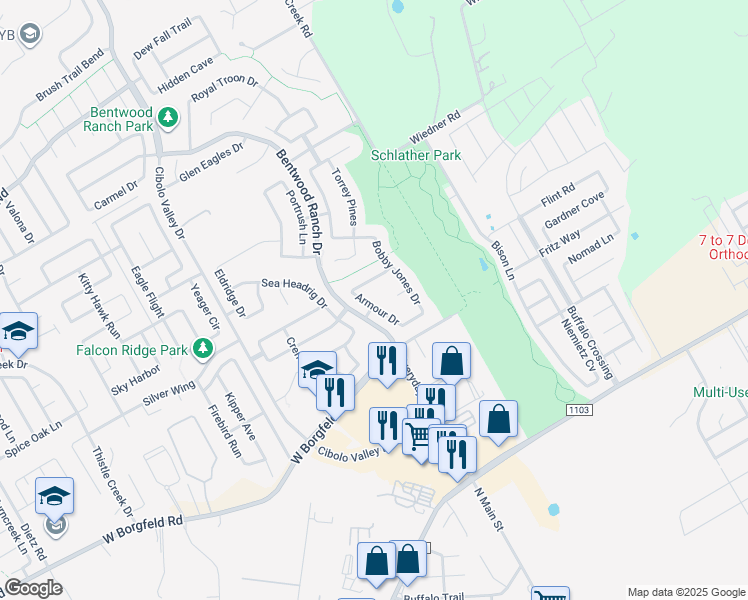map of restaurants, bars, coffee shops, grocery stores, and more near 826 Armour Drive in Cibolo