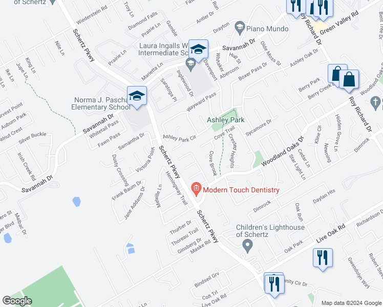 map of restaurants, bars, coffee shops, grocery stores, and more near 4046 Woodbridge Way in Schertz