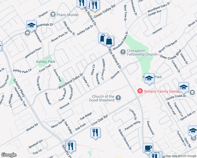 map of restaurants, bars, coffee shops, grocery stores, and more near 2500 Newning in Schertz