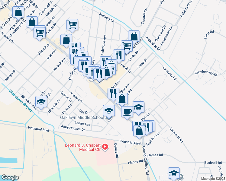 map of restaurants, bars, coffee shops, grocery stores, and more near 101-199 Jean Ellen Ave in Houma