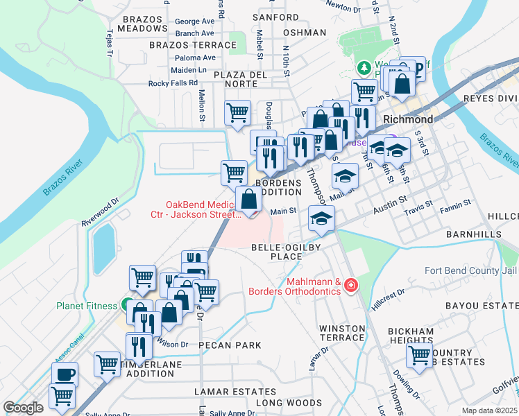 map of restaurants, bars, coffee shops, grocery stores, and more near 1705 Jackson Street in Richmond