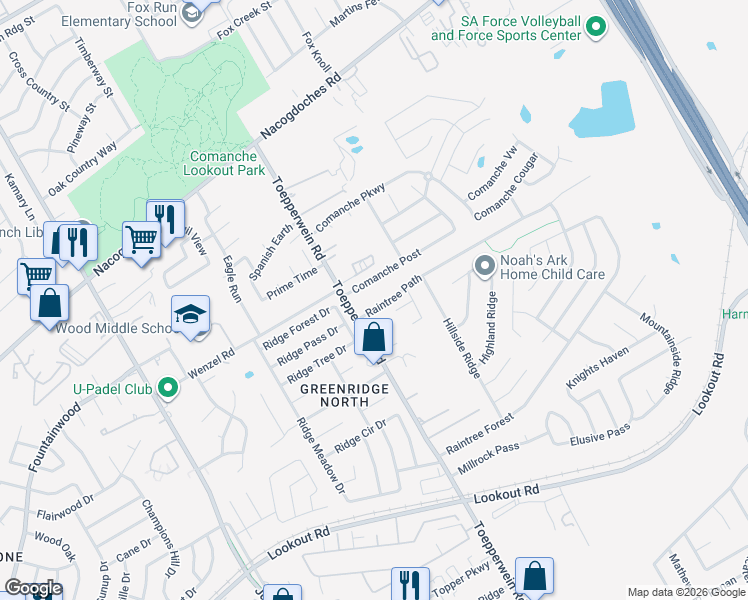map of restaurants, bars, coffee shops, grocery stores, and more near 6703 Raintree Path in San Antonio