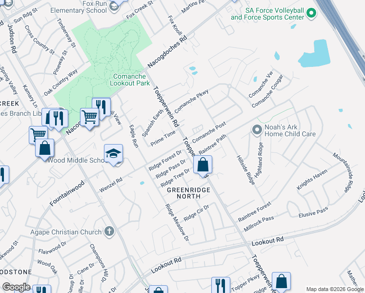 map of restaurants, bars, coffee shops, grocery stores, and more near 6423 Ridge Forest Drive in San Antonio
