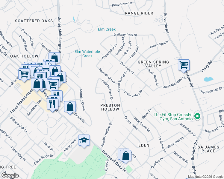 map of restaurants, bars, coffee shops, grocery stores, and more near 15325 Preston Pass Drive in San Antonio