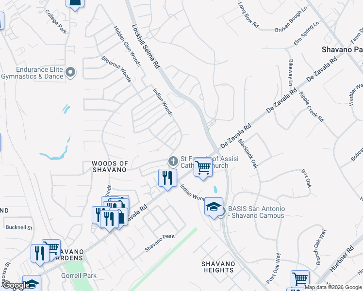 map of restaurants, bars, coffee shops, grocery stores, and more near 14304 Indian Woods in San Antonio