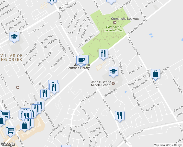map of restaurants, bars, coffee shops, grocery stores, and more near 15060 Nacogdoches Road in San Antonio