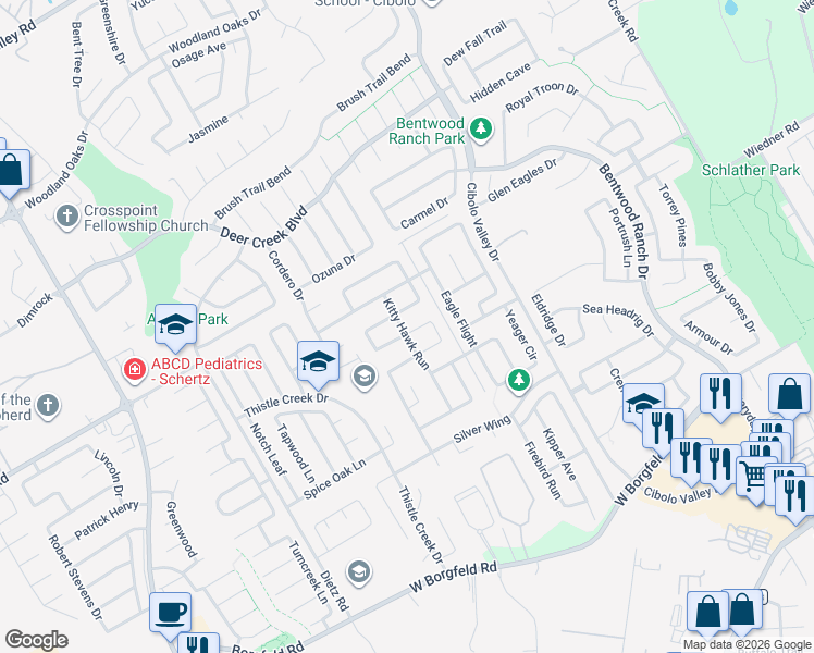 map of restaurants, bars, coffee shops, grocery stores, and more near 137 Pilot Point in Cibolo