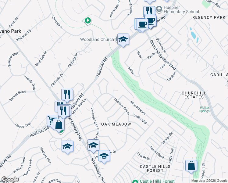 map of restaurants, bars, coffee shops, grocery stores, and more near 3002 Meadow Circle in San Antonio