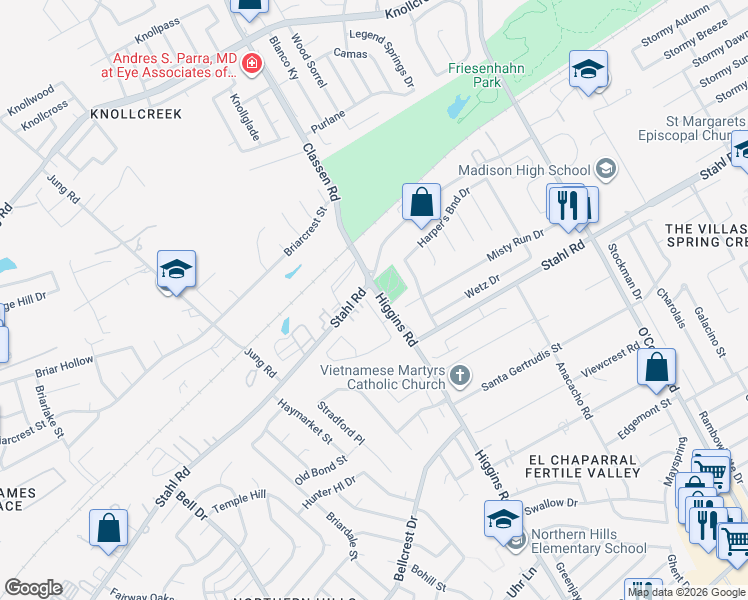 map of restaurants, bars, coffee shops, grocery stores, and more near 4512 Stahl Road in San Antonio