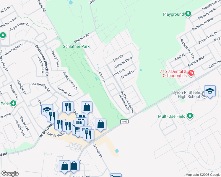 map of restaurants, bars, coffee shops, grocery stores, and more near 101 Ling Lane in Cibolo