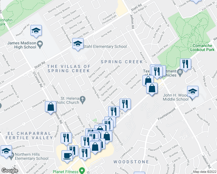 map of restaurants, bars, coffee shops, grocery stores, and more near 5859 Spring Green in San Antonio