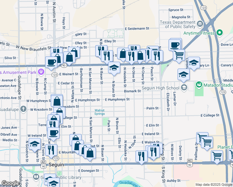 map of restaurants, bars, coffee shops, grocery stores, and more near 814 East Humphreys Street in Seguin