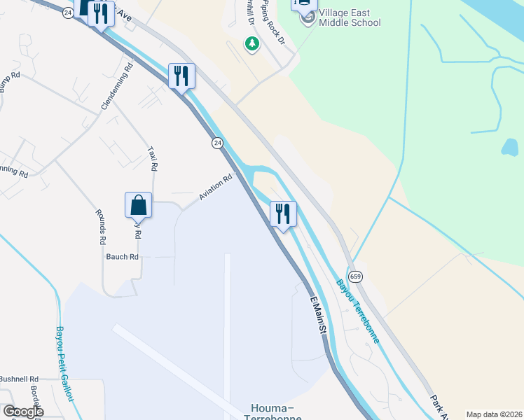 map of restaurants, bars, coffee shops, grocery stores, and more near 10143 E Main St in Houma