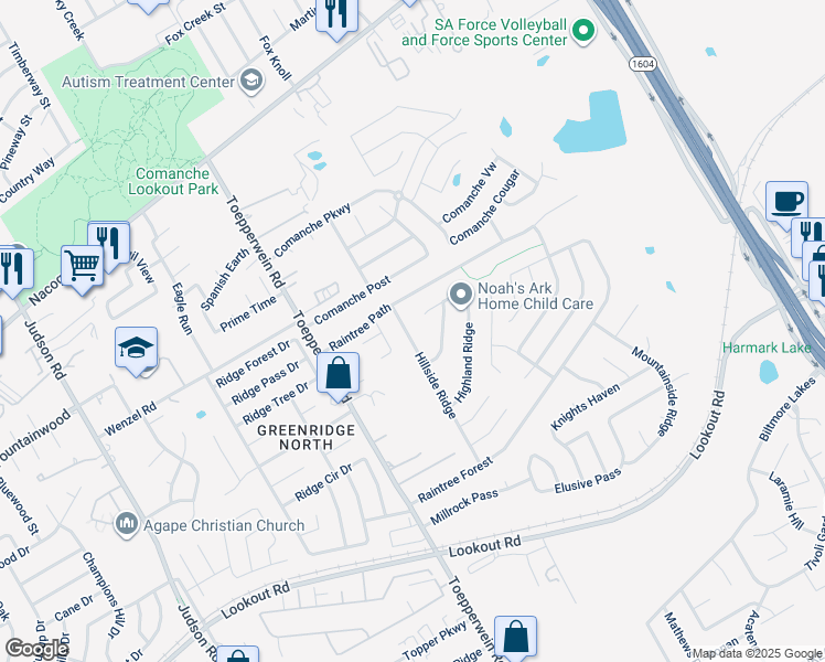 map of restaurants, bars, coffee shops, grocery stores, and more near 14738 Hillside Ridge in San Antonio