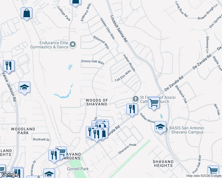 map of restaurants, bars, coffee shops, grocery stores, and more near 4402 Meredith Woods Street in San Antonio