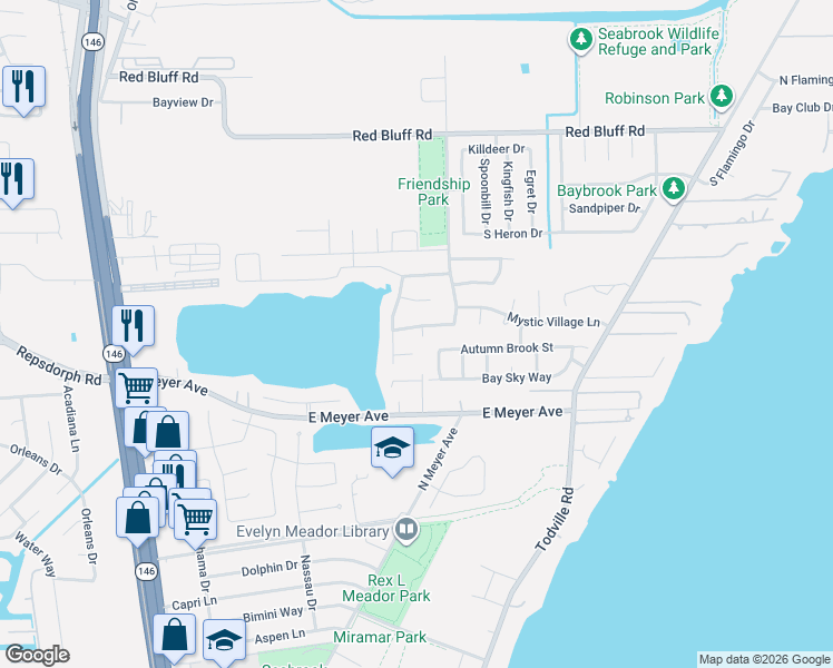 map of restaurants, bars, coffee shops, grocery stores, and more near 820 Dawn Ridge Way in Seabrook